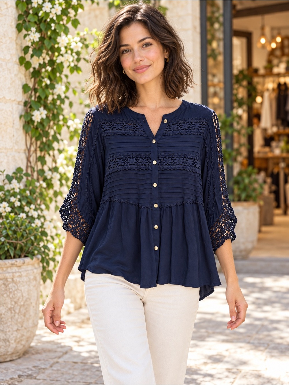 Free People Navy Crochet Lace Pintuck Blouse – Romantic Boho